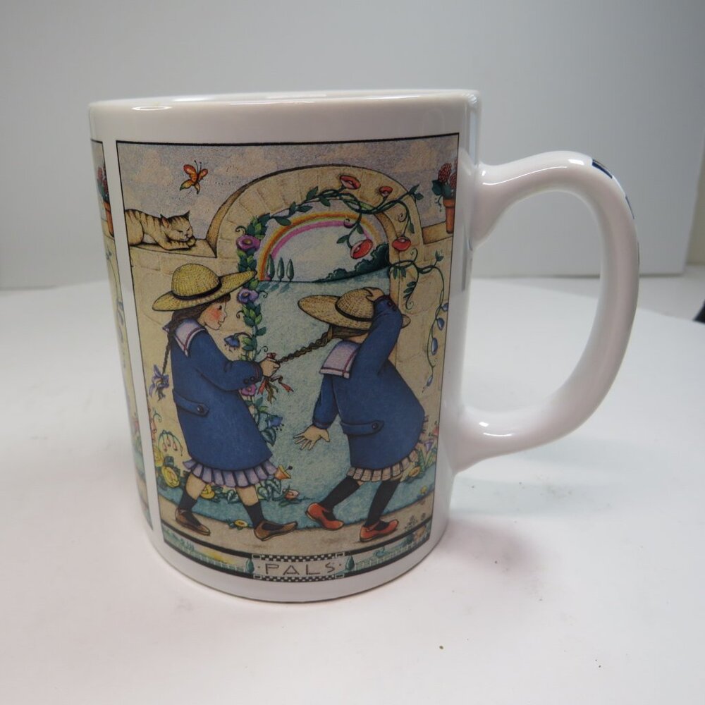 Mary Engelbreit Coffee Mug "PALS" Two Girls with braids in large hats